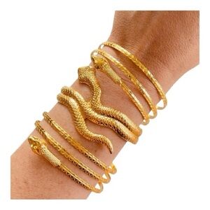 Set of 3 Gold Tone Metal Snake Bangles Bracelets Fashion Jewelry
